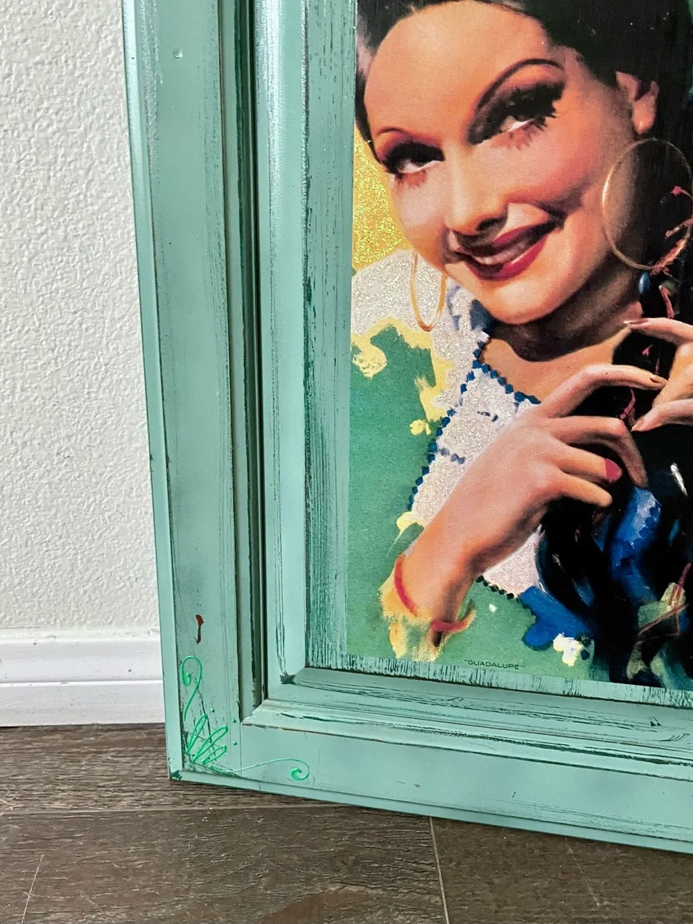 Turquoise Distressed Wood Picture Frame with Portrait Artwork